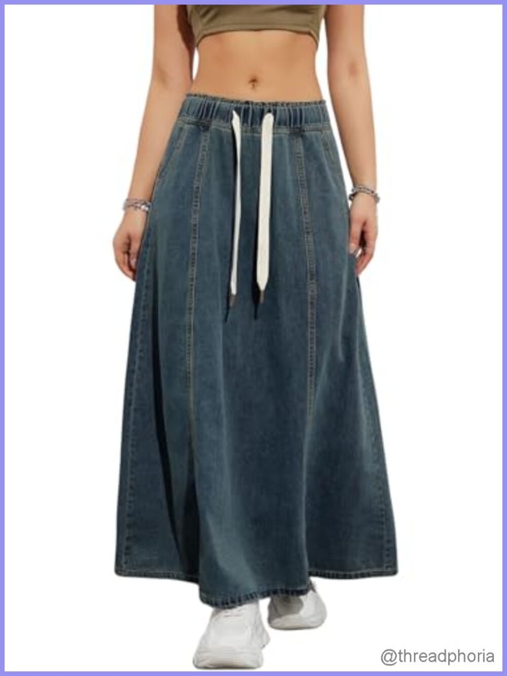 Flare Maxi Denim Skirt High Waist A-Line Long Jean Skirt with Pockets